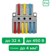Разветвительная рычажковая клемма duwi CMK-536 PRO 3x6 0,08-4мм2 4шт 26662 8