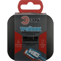 Электрический разветвитель ЭРА SP-4-USB-B на 4 розетки, 220V + 2xUSB 2400mA, без заземления, 10А, черный Б0049536