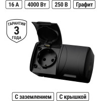 Розетка TDM ELECTRIC двойная 2П+3 открытой установки IP54 16А с крышкой графит "Селигер" SQ1818-0314