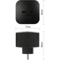 Электрический разветвитель ЭРА SP-4-USB-B на 4 розетки, 220V + 2xUSB 2400mA, без заземления, 10А, черный Б0049536