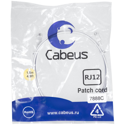 Cabeus Патч-корд телефонный 2x6р4с, белый, PVC, 1.5 м PC-TEL-RJ12-1.5m