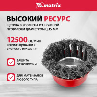 Щетка чашечная для УШМ (75 мм; М14; крученая проволока 0.35 мм) MATRIX 74614