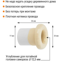 Изолятор для ретро проводки TDM ELECTRIC проходной (втулка керамическая) «ЭКО» сосна (25шт/упаковка) SQ2802-0008