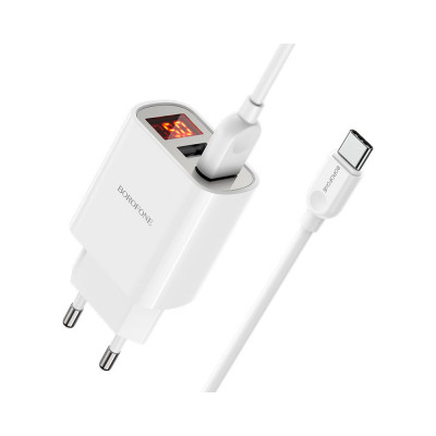 Borofone Сзу ba58a mighty 2xusb, 2.4а, led дисплей + кабель usb type-c, 1м (белый) 0L-00051172 23752-BA58AWT