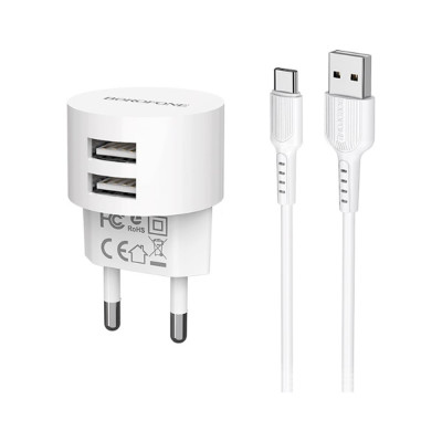 Borofone Сзу ba23a brilliant 2xusb, 2.4а + кабель type-c, 1м (белый) 0L-00044347 23752-BA23AWT