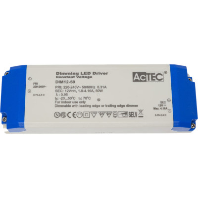 AcTEC Блок питания 12В, 50Вт, IP20, 1…4.16A, димм., Triac, 184x61x32мм DIM12-50