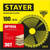 Пильный диск по дереву STAYER Optima 190x20/16 мм, 36Т, оптимальный рез 3681-190-20-36_z01