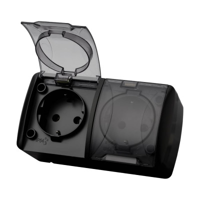 Розетка TDM ELECTRIC двойная 2П+3 открытой установки IP54 16А с прозрачной крышкой графит "Селигер" SQ1818-0309