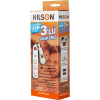 3-местный сетевой фильтр Nilson с заземляющим контактом, 2 порта USB 2,4А, 1,5 м. с выключателем 44134115