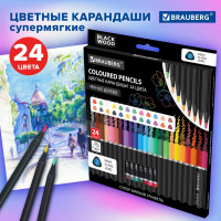 Цветные карандаши BRAUBERG чёрное дерево black wood, 24 цвета, трехгранный корпус, мягкий грифель 3 мм 181949