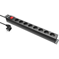 Блок розеток NTSS 19", 1U, пластик, 1ф16A, 3.7кВт, (8) Schuko CEE 7/7, выкл. с подсв.и крыш., 1.8м каб., вил. Schuko NTSS-PDU-DA2032