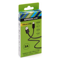 Кабель usb-micro usb Ergolux Elx-cdc01-c02 3а, 1,2м, черный, зарядка+передача данных, коробка 15093