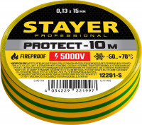 Stayer protect-10, 15 мм х 10 м, 5 000 в, желто-зеленая, не поддерживает горение, изолента ПВХ, professional (12291-s)