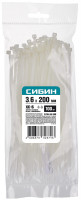 Сибин хс-б, 3.6 x 200 мм, нейлон ра66, 100 шт, белые, хомуты-стяжки (3786-36-200)