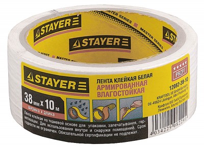 Армированная лента, stayer master 12082-38-10, универсальная, влагостойкая, 38мм х 10м, белая