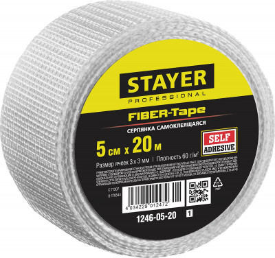 Stayer fiber-tape, 5 см х 20 м, 3 х 3 мм, самоклеящаяся серпянка, professional (1246-05-20)