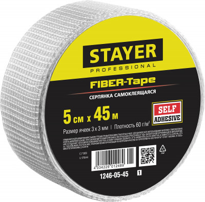 Stayer fiber-tape, 5 см х 45 м, 3 х 3 мм, самоклеящаяся серпянка, professional (1246-05-45)