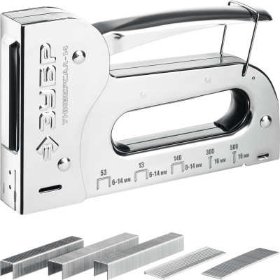 ЗУБР универсал-14, 6-в-1: 53 (a/10/jt21) 23ga (6-14 мм)/140 (g/11/57) 20ga (8-14 мм)/53f/13/300/500, универсал стальной степлер, профессионал (31527)