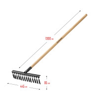 Grinda gs-14 wood, 445 х 95 х 1300 мм, 14 витых зубцов, углеродистая сталь, антикор. покрытие, черенок дерев. высш. сорт, садовые грабли(39581-14)