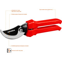 Grinda g-33, 200 мм, закаленные лезвия, тефлоновое покрытие, пластиковые рукоятки, плоскостной секатор (40211)