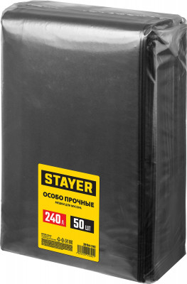 Stayer heavy duty, 240 л, 50 шт, черные, особопрочные, строительные мусорные мешки (39154-240)