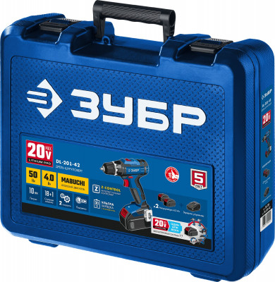 ЗУБР т7, 20 в, 50 н·м, 2 акб (4 а·ч), дрель-шуруповерт, кейс, профессионал (dl-201-42)