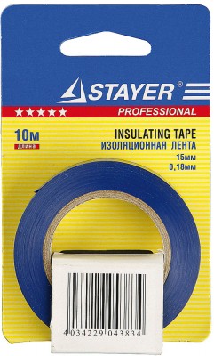 Изолента, stayer profi 12292-b-15-10, ПВХ, на карточке, 15мм х 10м х 0,18мм, синяя