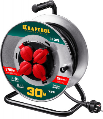 Kraftool k-315, кг, 3 x 1.5 мм2, 30 м, 3700 вт, ip44, силовой удлинитель на стальной катушке (55085-30)