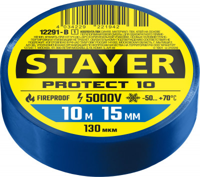 Stayer protect-10, 15 мм х 10 м, 5 000 в, синяя, изолента ПВХ, professional (12292-b)