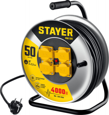 Stayer pro-325, кг, 3 х 2.5 мм2, 50 м, 4000 вт, ip44, силовой удлинитель на стальной катушке (55076-50)