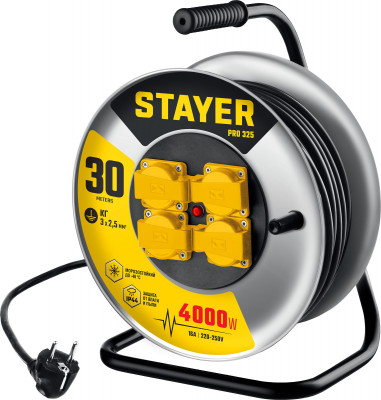 Stayer pro-325, кг, 3 х 2.5 мм2, 30 м, 4000 вт, ip44, силовой удлинитель на стальной катушке (55076-30)