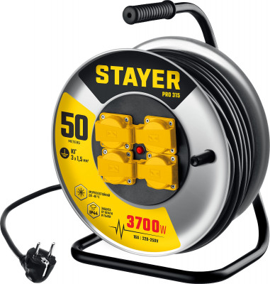 Stayer pro-315, кг, 3 x 1.5 мм2, 50 м, 3700 вт, ip44, силовой удлинитель на стальной катушке (55077-50)