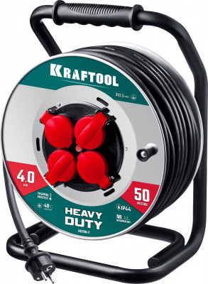 Kraftool кг 3х2.5 50м 4000вт ip44, heavy dutyсиловой удлинитель на стальной катушке (55086-50)