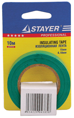 Изолента, stayer profi 12292-g-15-10, ПВХ, на карточке, 15мм х 10м х 0,18мм, зеленая