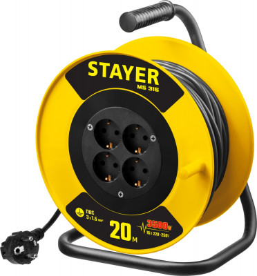 Stayer ms-315, пвс, 3 x 1.5 мм2, 20 м, 3500 вт, силовой удлинитель на катушке (55078-20)