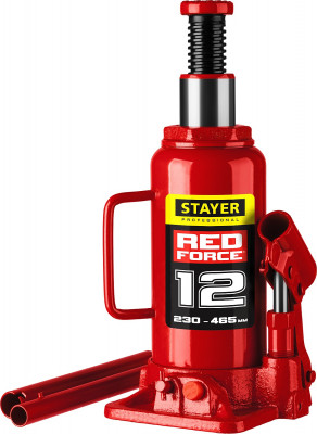 Stayer red force, 12 т, 230 - 465 мм, бутылочный гидравлический домкрат, professional (43160-12)