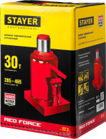 Stayer red force, 30 т, 285 - 465 мм, бутылочный гидравлический домкрат, professional (43160-30)