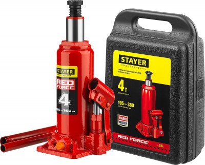 Stayer red force, в кейсе, 4 т, 195 - 380 мм, бутылочный гидравлический домкрат, professional (43160-4-k)