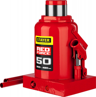 Stayer red force, 50 т, 300 - 480 мм, бутылочный гидравлический домкрат, professional (43160-50)