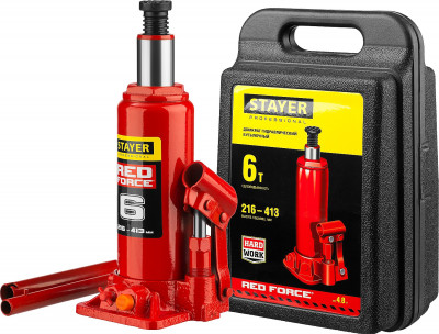 Stayer red force, в кейсе, 6 т, 216 - 413 мм, бутылочный гидравлический домкрат, professional (43160-6-k)