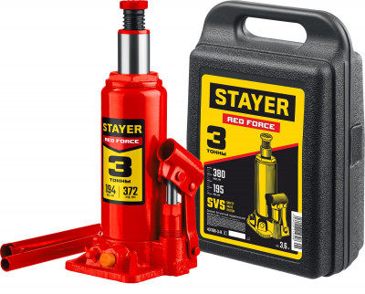 Stayer red force, в кейсе, 3 т, 194 - 375 мм, бутылочный гидравлический домкрат, professional (43160-3-k)