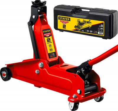 Stayer r-28 red force, в кейсе, 2 т, подкатной домкрат с увеличенным подъемом, professional (43156-2-k)