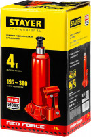 Stayer red force, 4 т, 195 - 380 мм, бутылочный гидравлический домкрат, professional (43160-4)