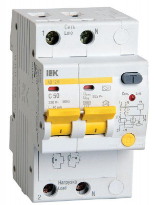 Выключатель автоматический дифференциального тока 2п C 50А 30мА тип A 4.5кА АД-12М IEK MAD12-2-050-C-030