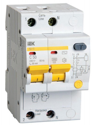 Выключатель автоматический дифференциального тока 2п C 50А 30мА тип AC 4.5кА АД-12 IEK MAD10-2-050-C-030