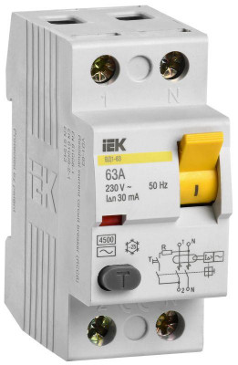 Выключатель дифференциального тока (УЗО) 2п 63А 30мА тип AC ВД1-63 IEK MDV10-2-063-030