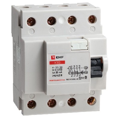 Выключатель диф. тока 4п 25a 30ma тип ac УЗО (эл-мех) ekf elcb-4-25-30-em не вып