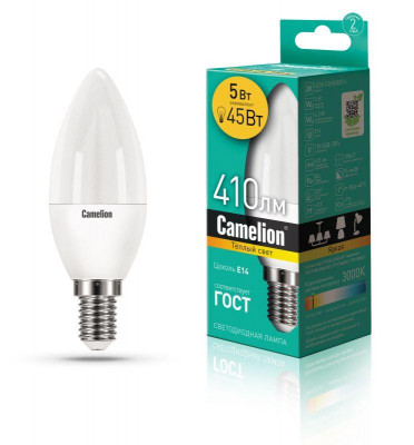 Лампа светодиодная LED5-C35/830/E14 5Вт свеча матовая 3000К тепл. бел. E14 410лм 170-265В Camelion 12031