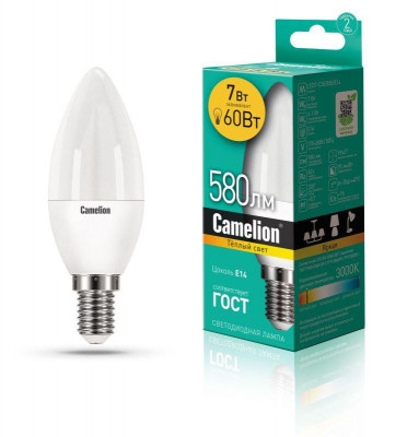 Лампа светодиодная LED7-C35/830/E14 7Вт свеча матовая 3000К тепл. бел. E14 580лм 170-265В Camelion 12073