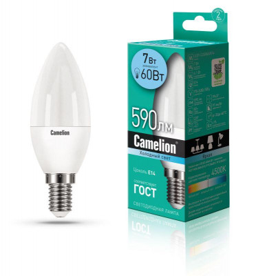 Лампа светодиодная LED7-C35/845/E14 7Вт свеча матовая 4500К бел. E14 590лм 170-265В Camelion 12074